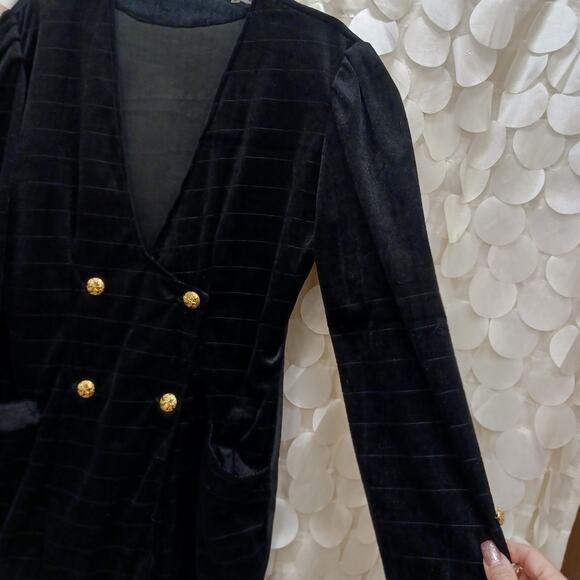Velvet Jacket BLACK Blazer GOLD BUTTONS Deep V-neck Front Puff Shoulders Pockets - Picture 8 of 16